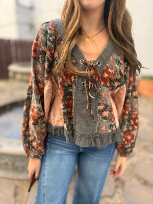 Pol Charcoal Multi Patchwork Balloon Sleeve Peasant Top
