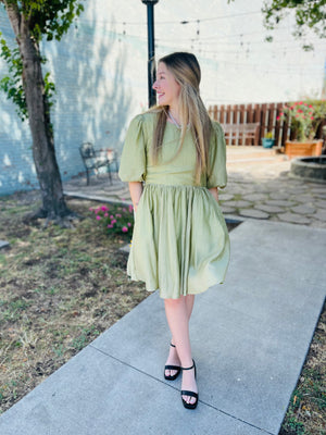 Pistachio Tencel Blend Puff Sleeve Mini Dress