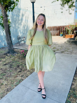 Pistachio Tencel Blend Puff Sleeve Mini Dress