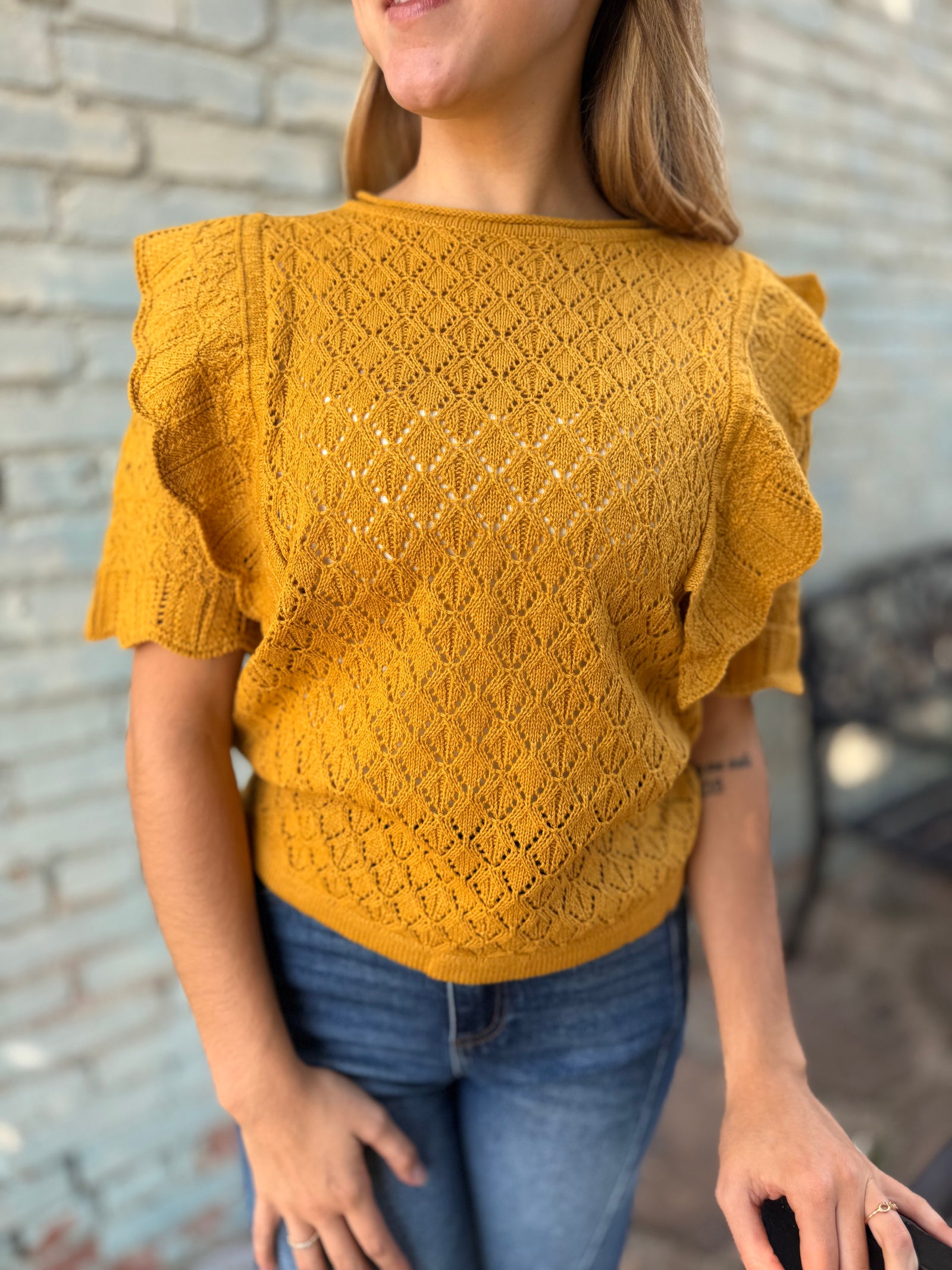 Mustard Ruffle Short Sleeve Knit Top