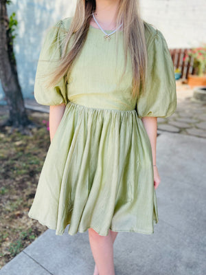 Pistachio Tencel Blend Puff Sleeve Mini Dress