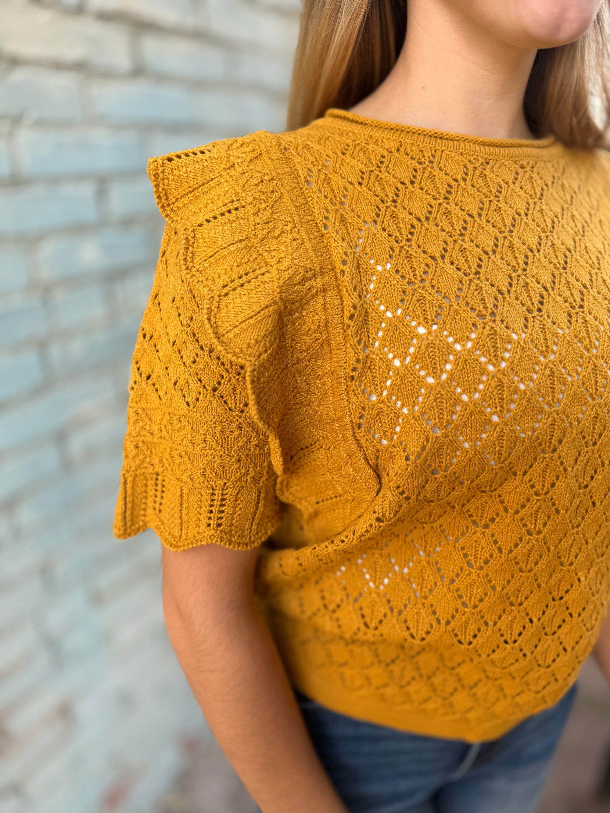 Mustard Ruffle Short Sleeve Knit Top