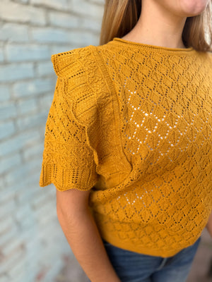 Mustard Ruffle Short Sleeve Knit Top