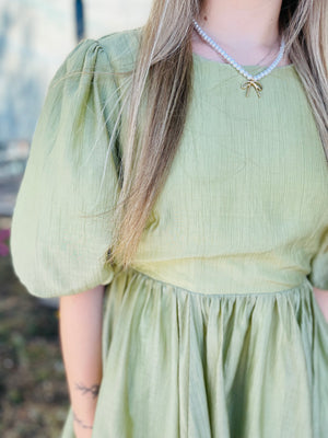 Pistachio Tencel Blend Puff Sleeve Mini Dress