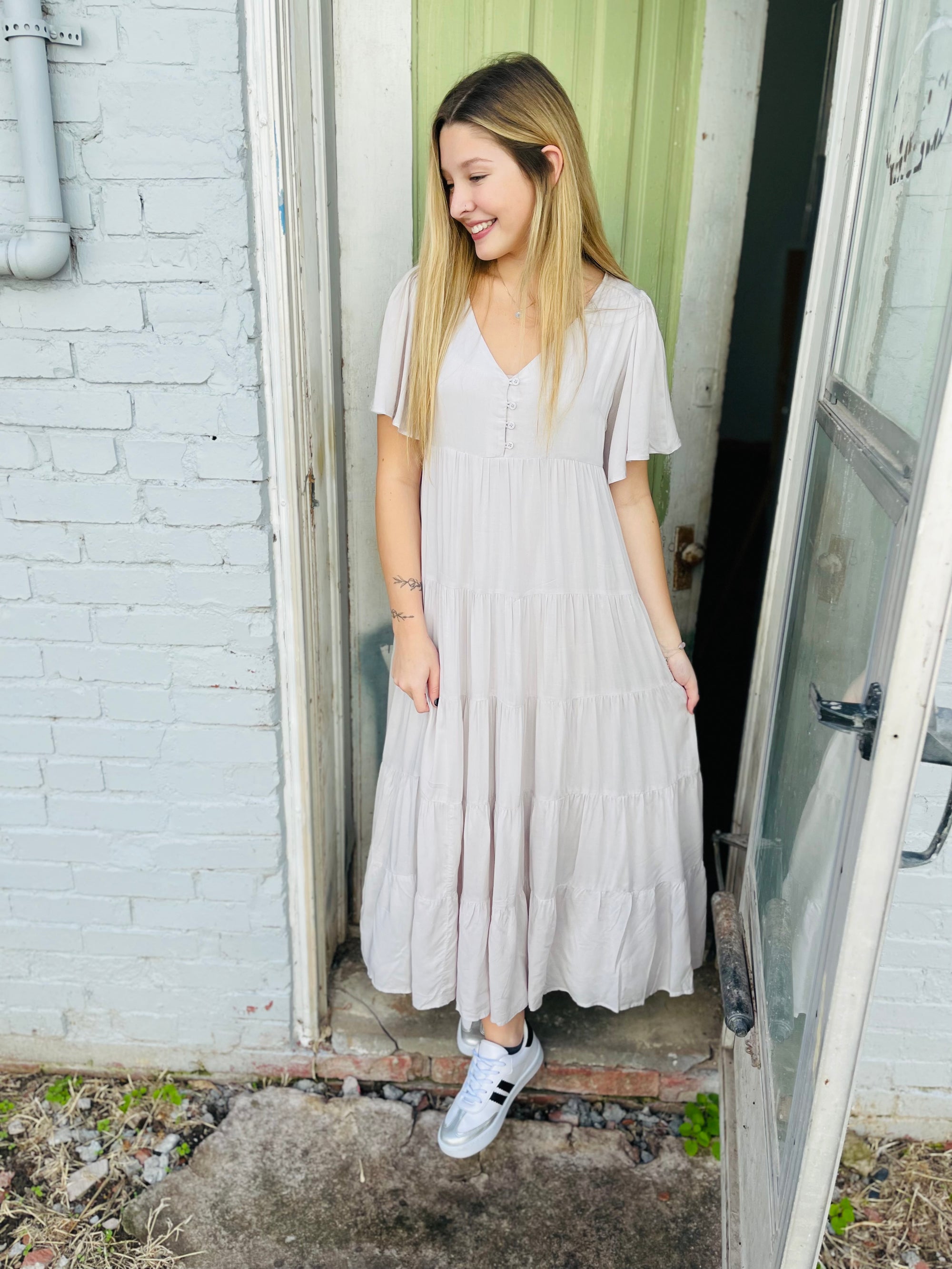 Porcelain Flowy Tiered Maxi Dress