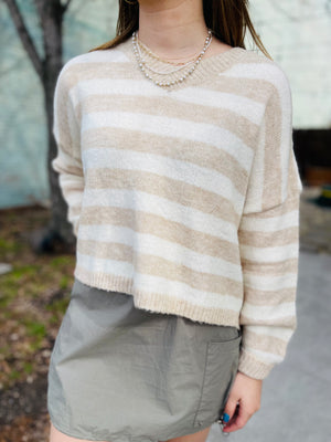Loose Fit Striped Sweater - Khaki