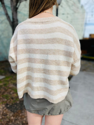 Loose Fit Striped Sweater - Khaki