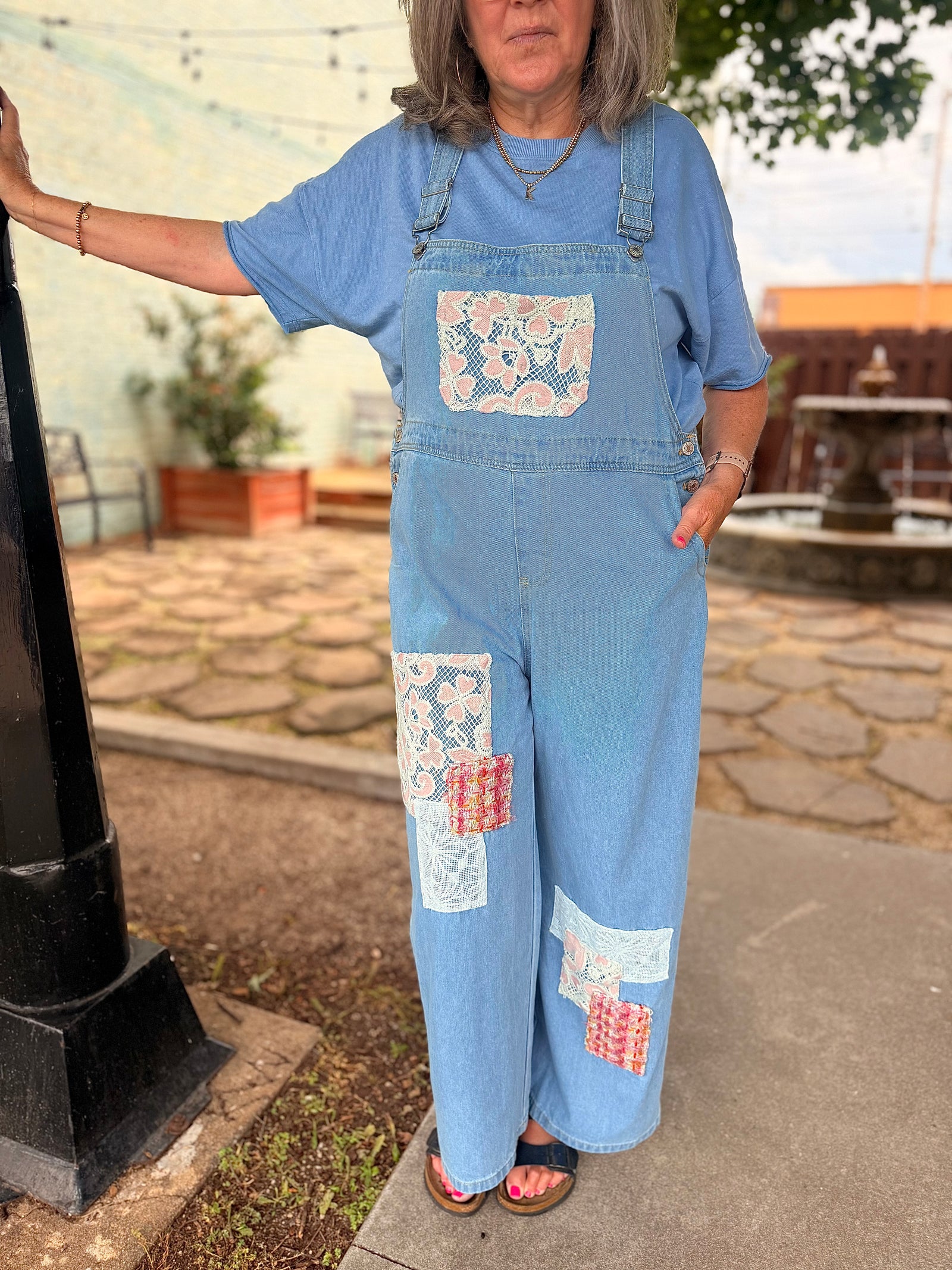 Davi + Dani Light Wash Tweed + Lace Patchwork Overalls