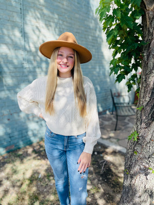 Cream Cropped Cable Knit Balloon Sleeve Sweater