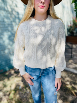 Cream Cropped Cable Knit Balloon Sleeve Sweater