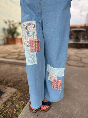 Davi + Dani Light Wash Tweed + Lace Patchwork Overalls