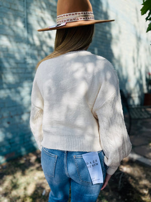 Cream Cropped Cable Knit Balloon Sleeve Sweater