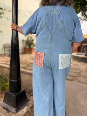 Davi + Dani Light Wash Tweed + Lace Patchwork Overalls
