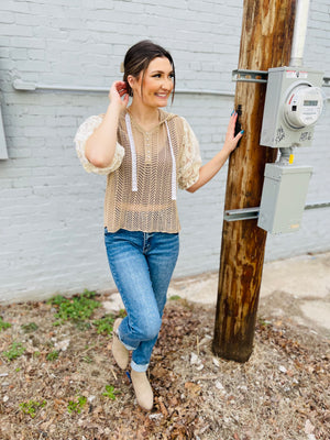 V-Neck Lace Sleeve Open Weave Sweater