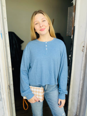 Light Blue Cropped Henley Long Sleeve Top