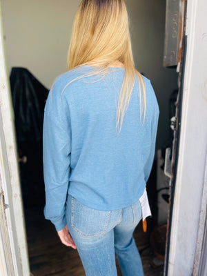 Light Blue Cropped Henley Long Sleeve Top