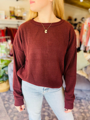 Maroon Ribbed Texture Crew Pullover