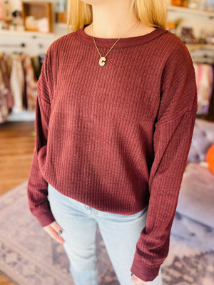 Maroon Ribbed Texture Crew Pullover