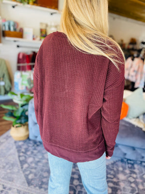 Maroon Ribbed Texture Crew Pullover