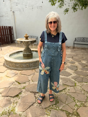 Easel Dark Denim Floral Patch Overalls