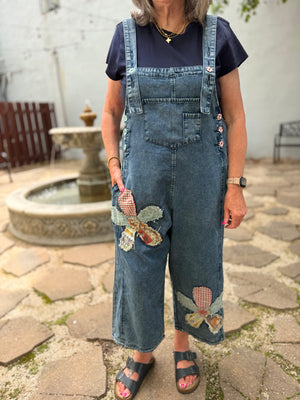Easel Dark Denim Floral Patch Overalls