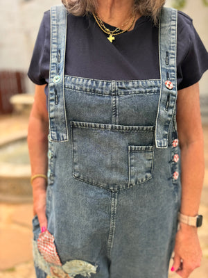Easel Dark Denim Floral Patch Overalls
