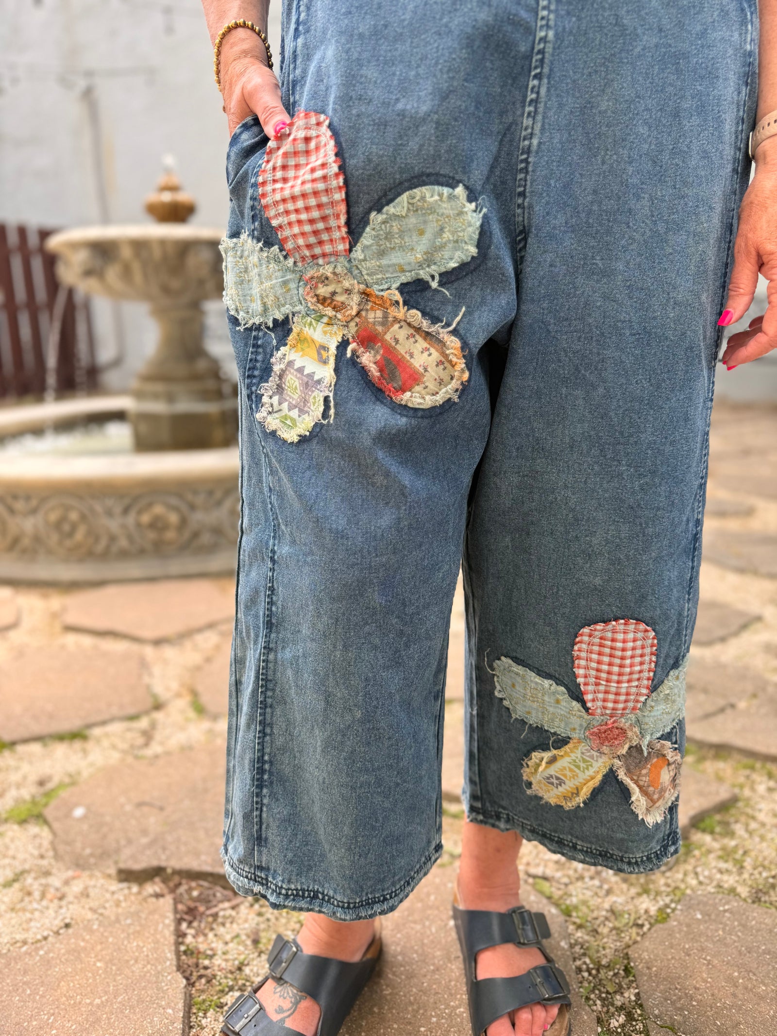 Easel Dark Denim Floral Patch Overalls