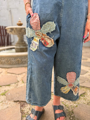 Easel Dark Denim Floral Patch Overalls