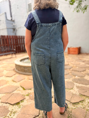 Easel Dark Denim Floral Patch Overalls
