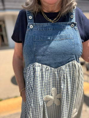 Oddi Denim Plaid Patchwork Overall Dress w/ Lace Florals