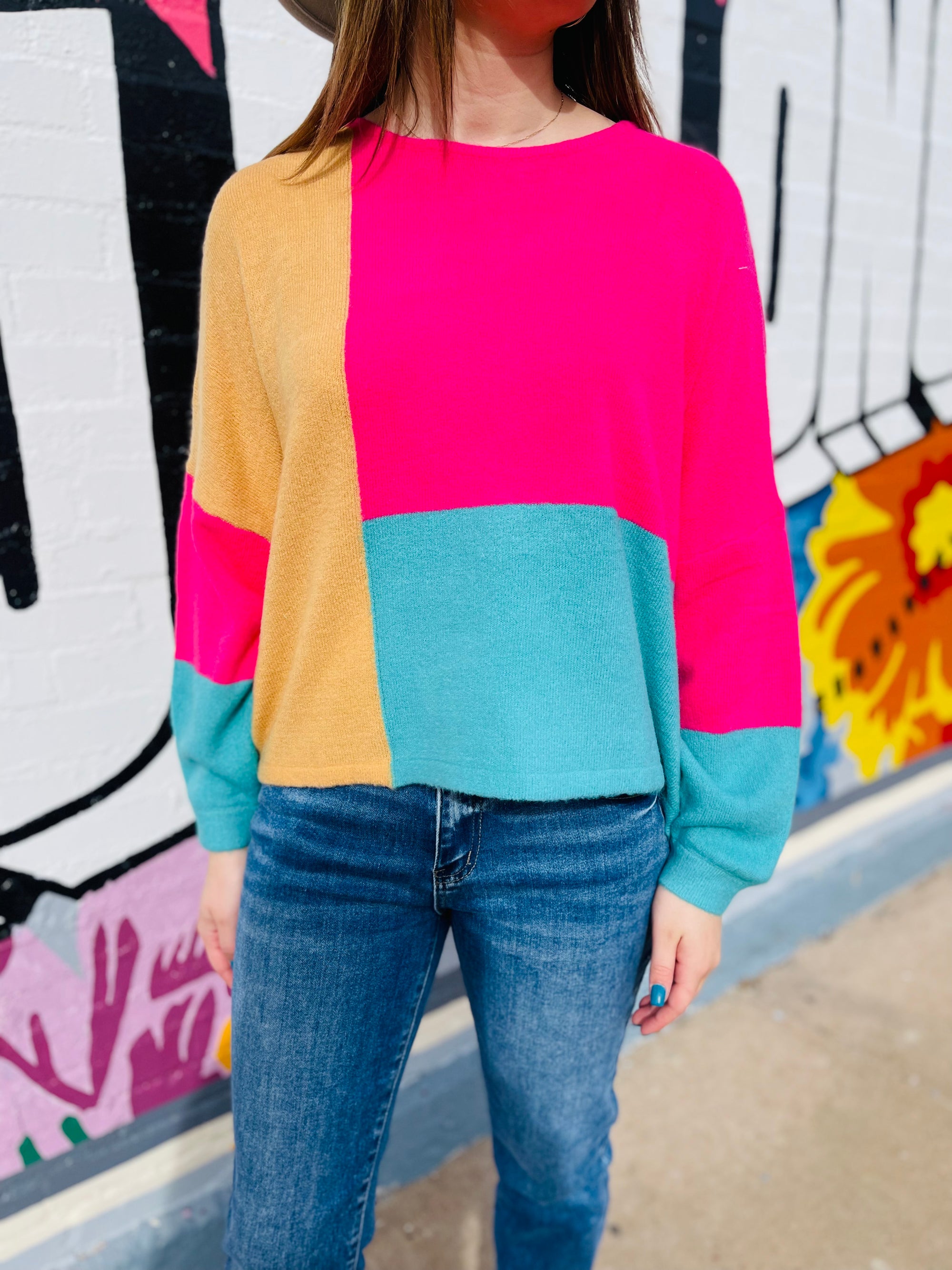 Loose Fit Color Block Sweater - Jewel Tones