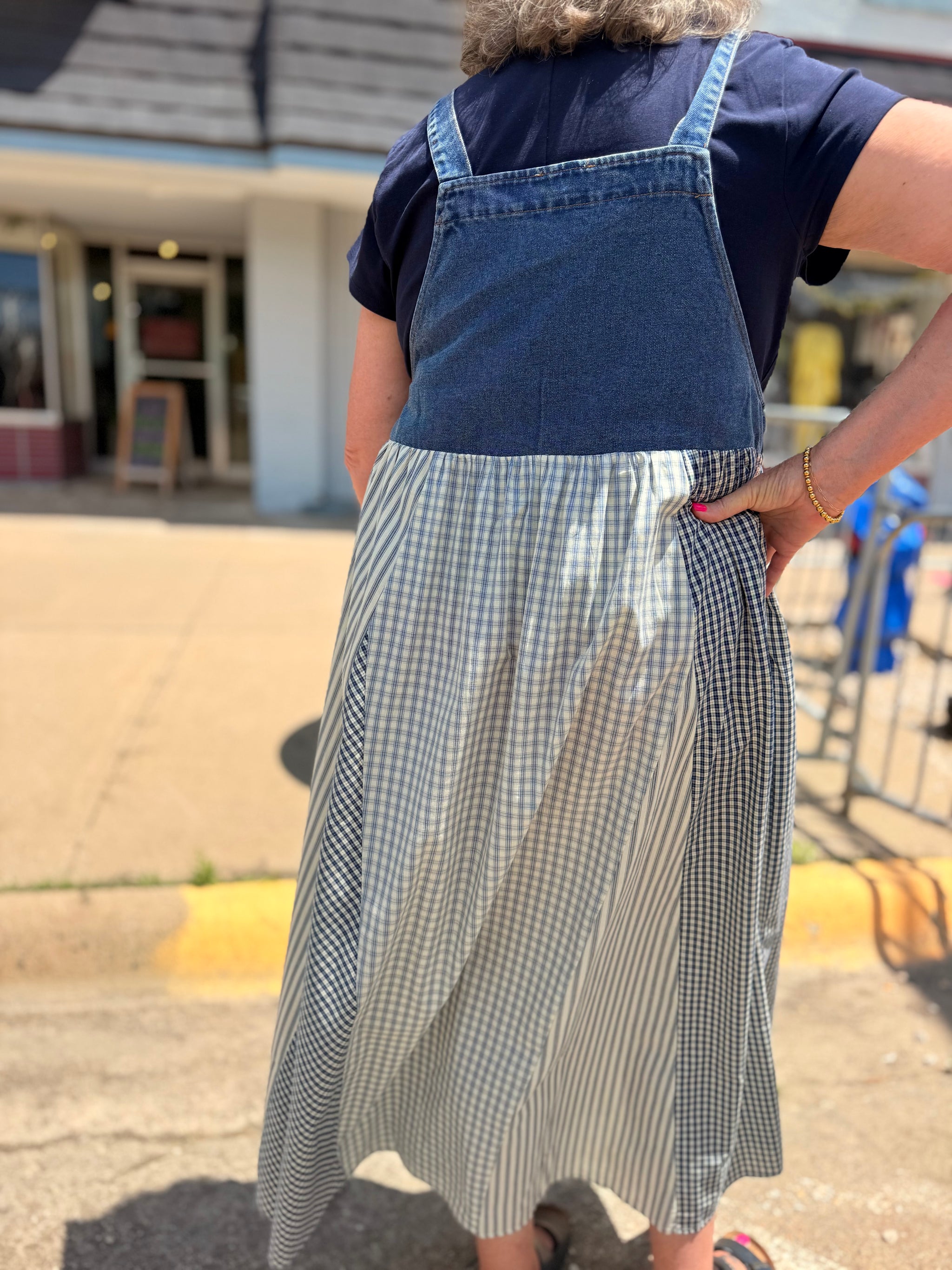 Oddi Denim Plaid Patchwork Overall Dress w/ Lace Florals