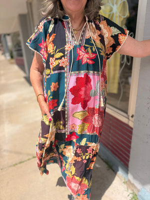 Umgee Boho Patchwork Maxi Dress w/ Lace Trim