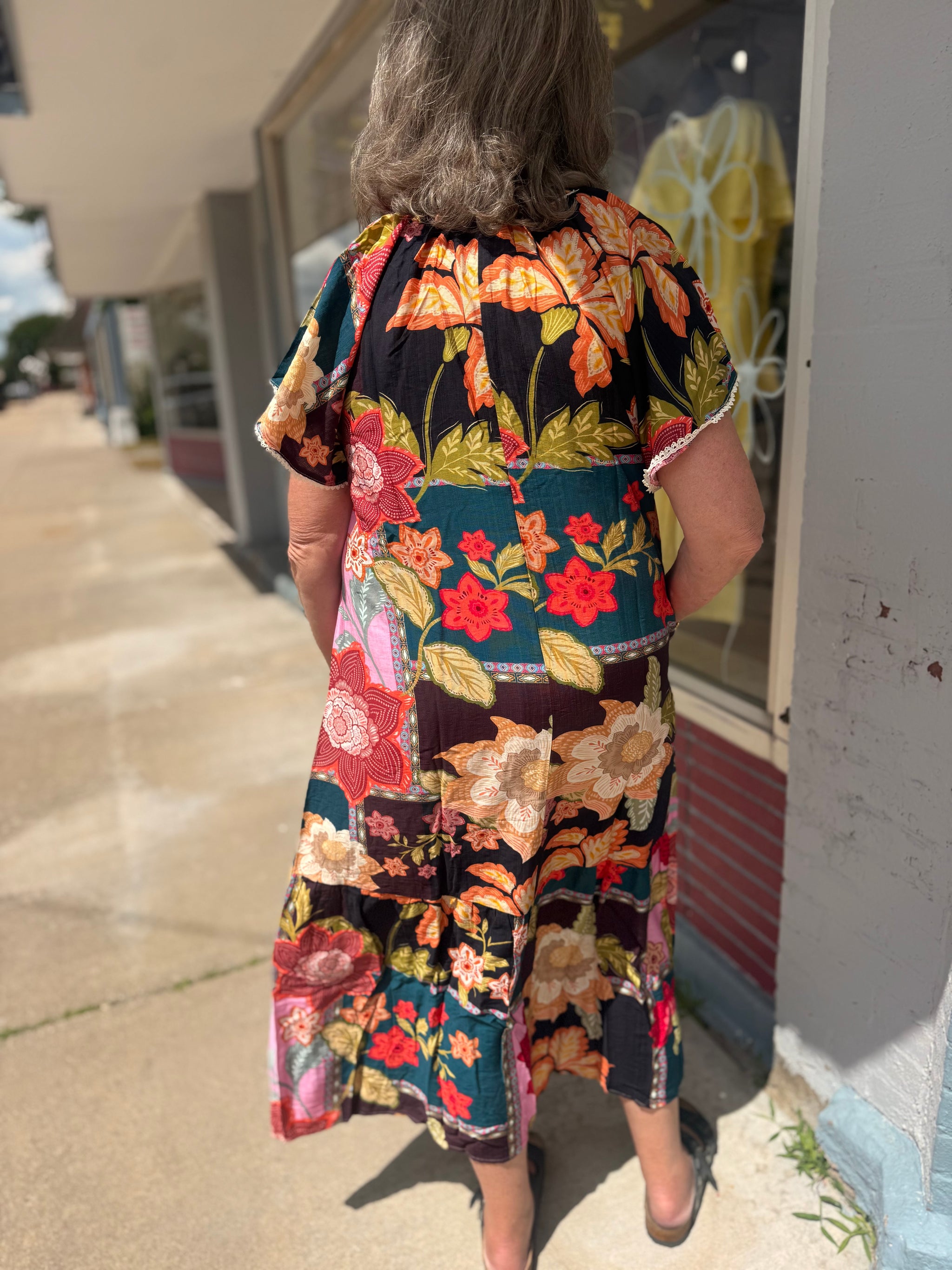Umgee Boho Patchwork Maxi Dress w/ Lace Trim