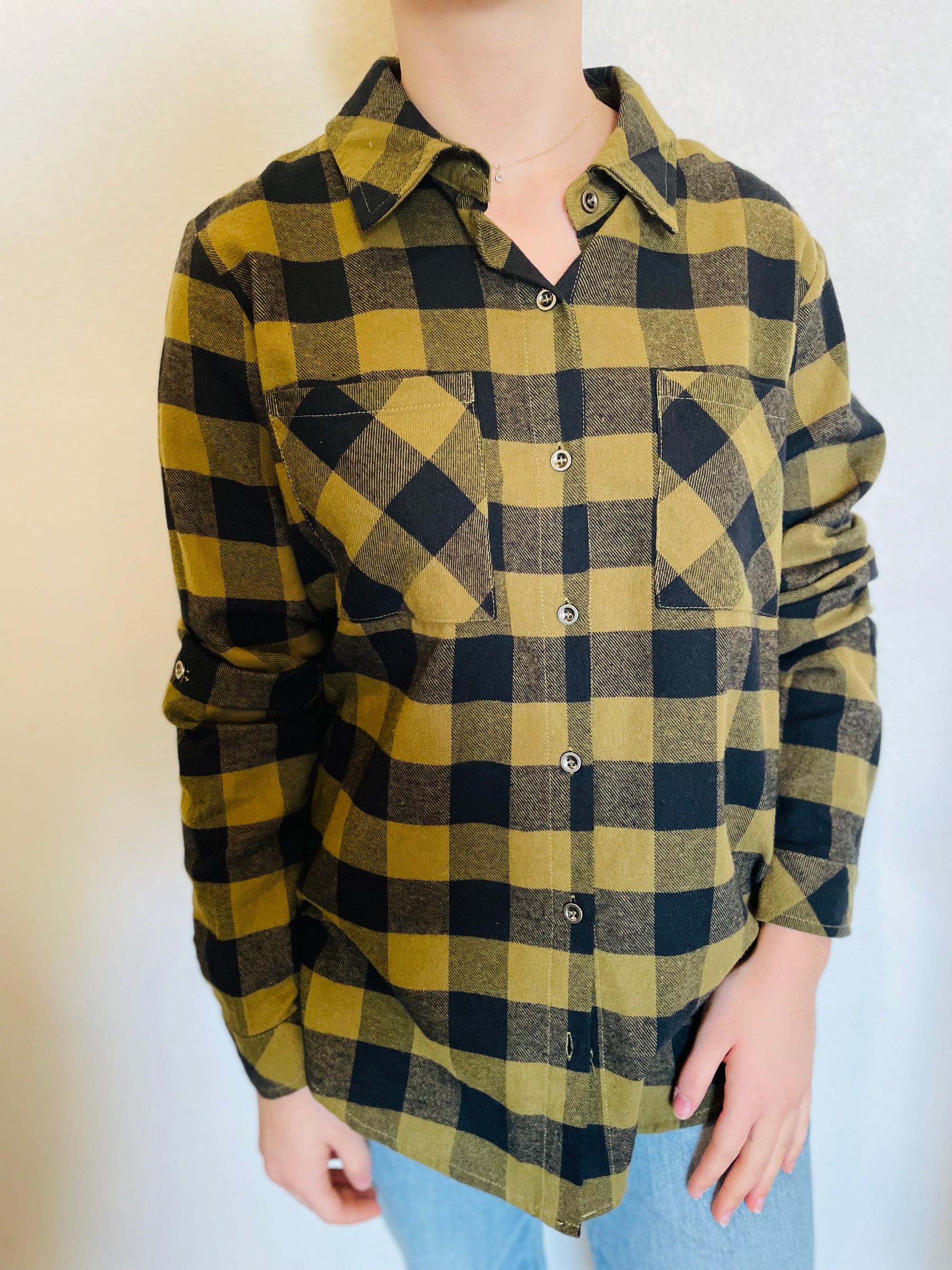 Olive Checkered Plaid Button Down