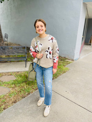 Taupe Sweater w/ Pink + Brown Floral Print