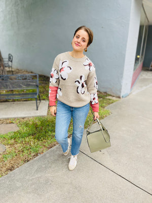 Taupe Sweater w/ Pink + Brown Floral Print