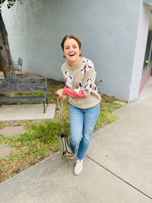 Taupe Sweater w/ Pink + Brown Floral Print