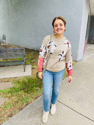 Taupe Sweater w/ Pink + Brown Floral Print