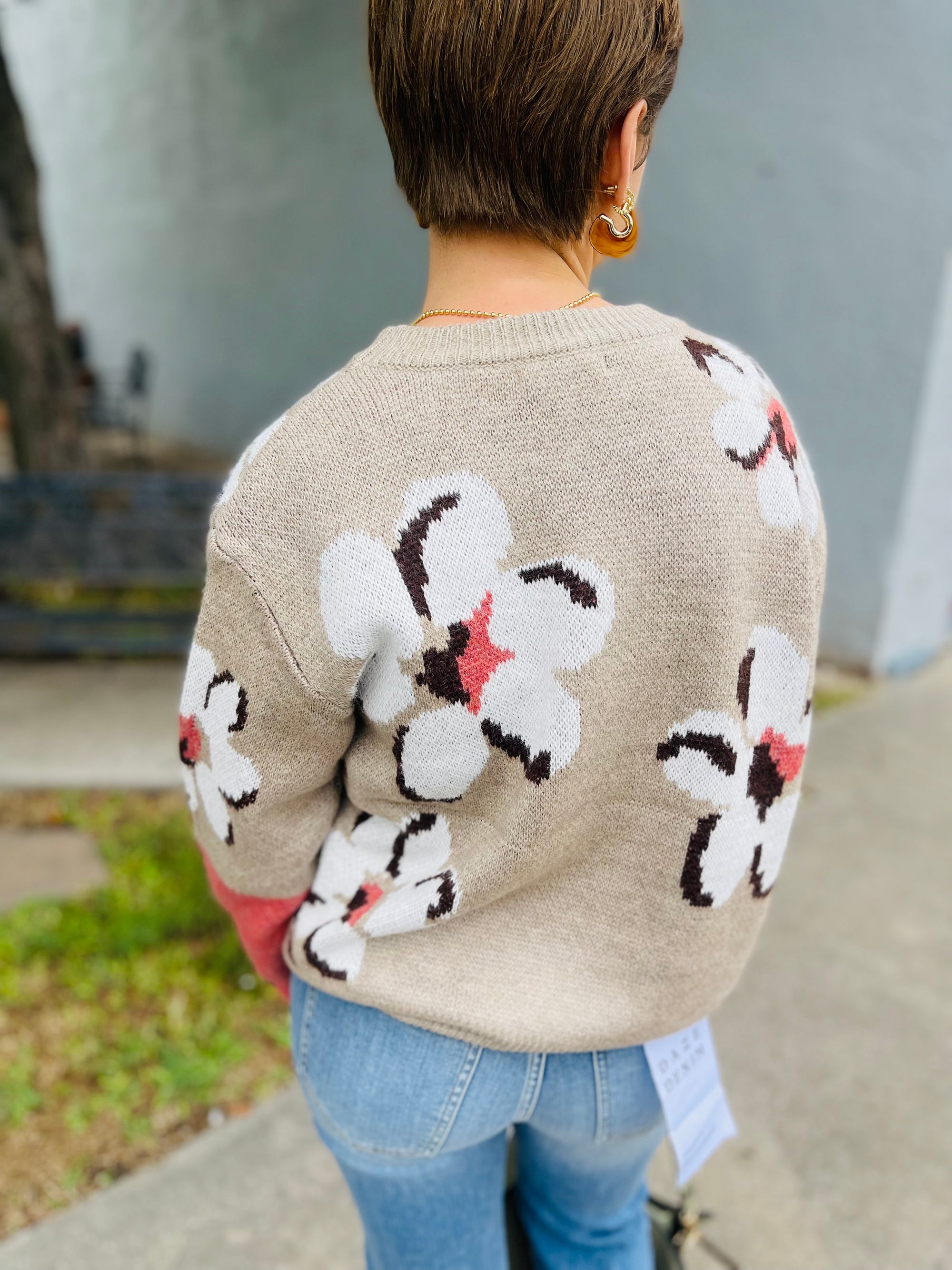 Taupe Sweater w/ Pink + Brown Floral Print