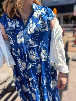 Umgee Blue Floral Print Midi Dress w/ Cap Sleeve