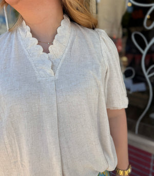 Umgee Oatmeal Scallop Trim Linen Top