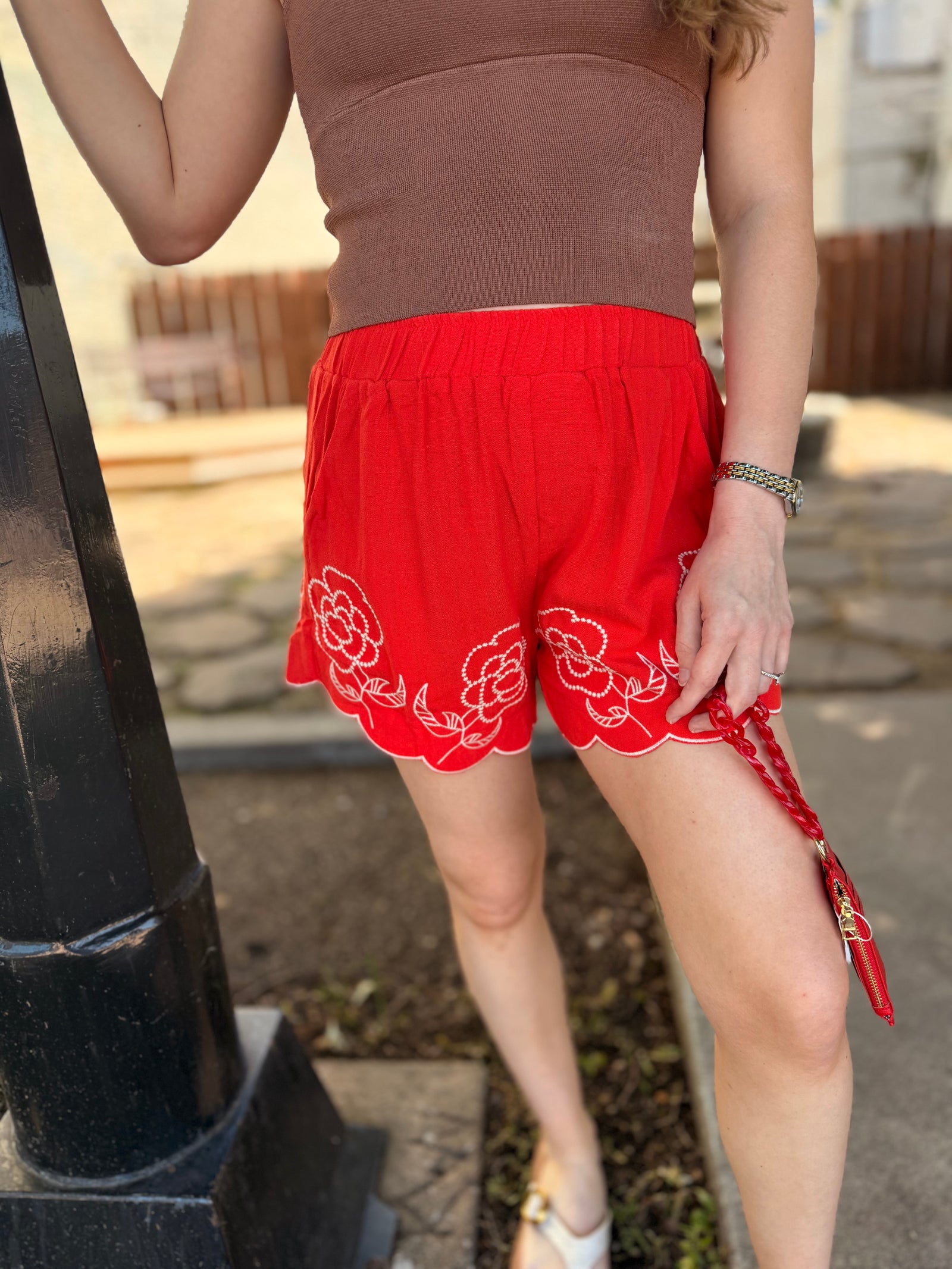 Umgee Tomato Red Linen Shorts w/ Floral Embroidery
