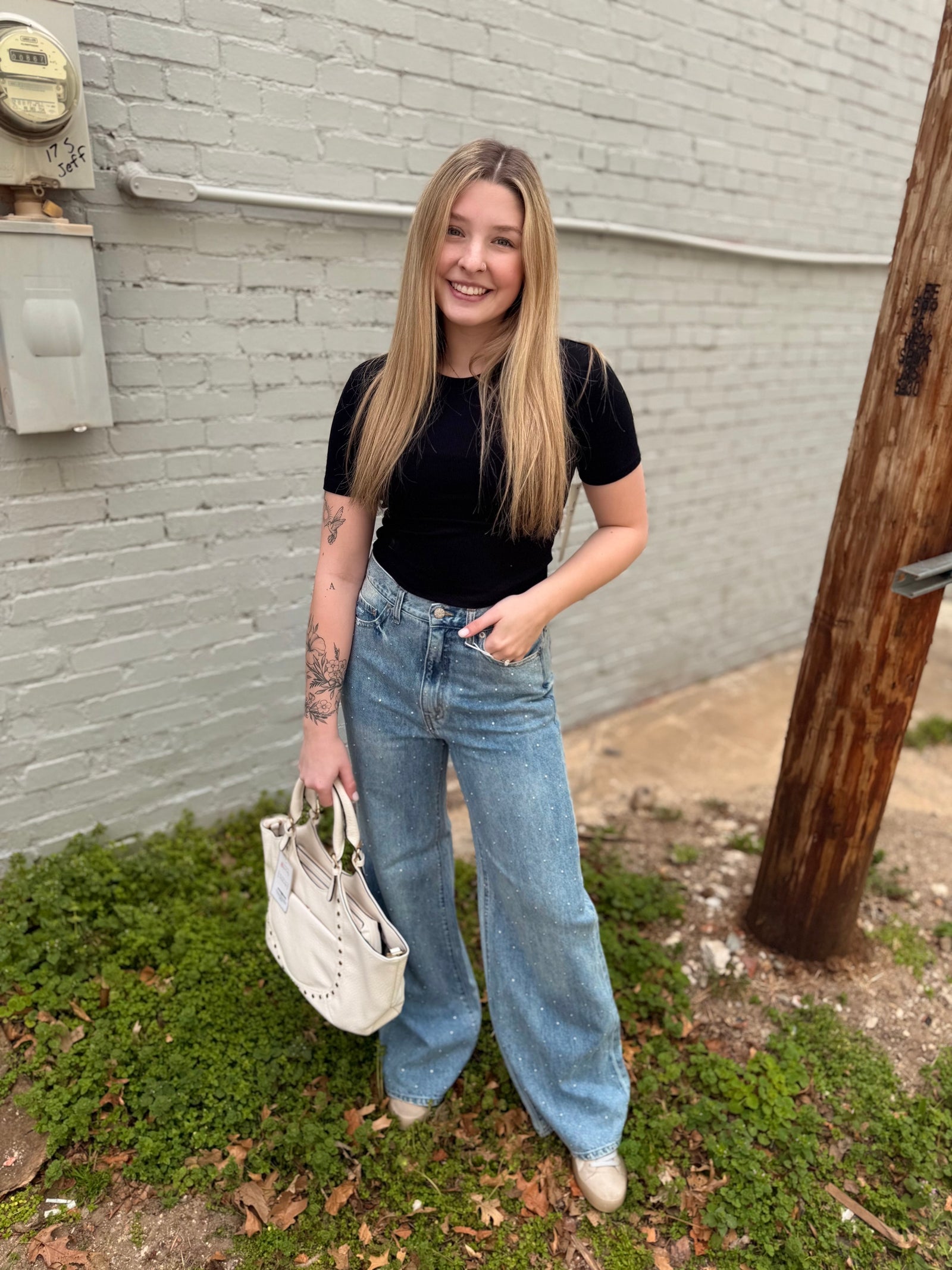 Daze Far Out High Rise Wide Leg Studded Jeans