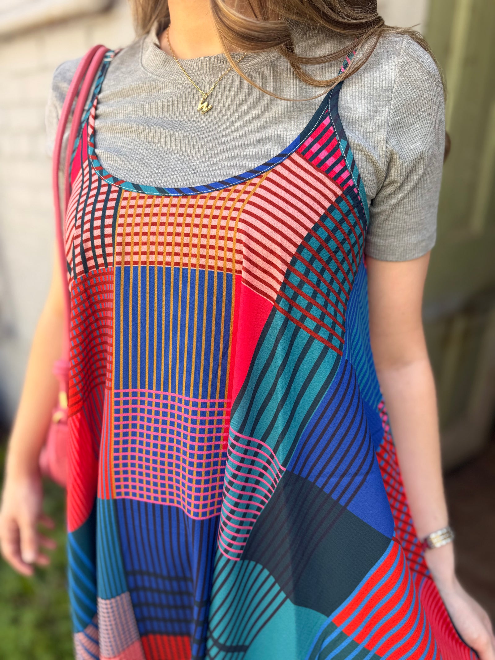 Umgee Orange + Navy Patterned Spaghetti Strap Dress