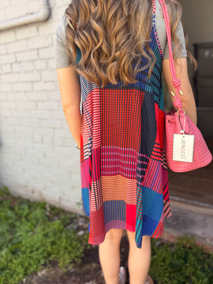 Umgee Orange + Navy Patterned Spaghetti Strap Dress