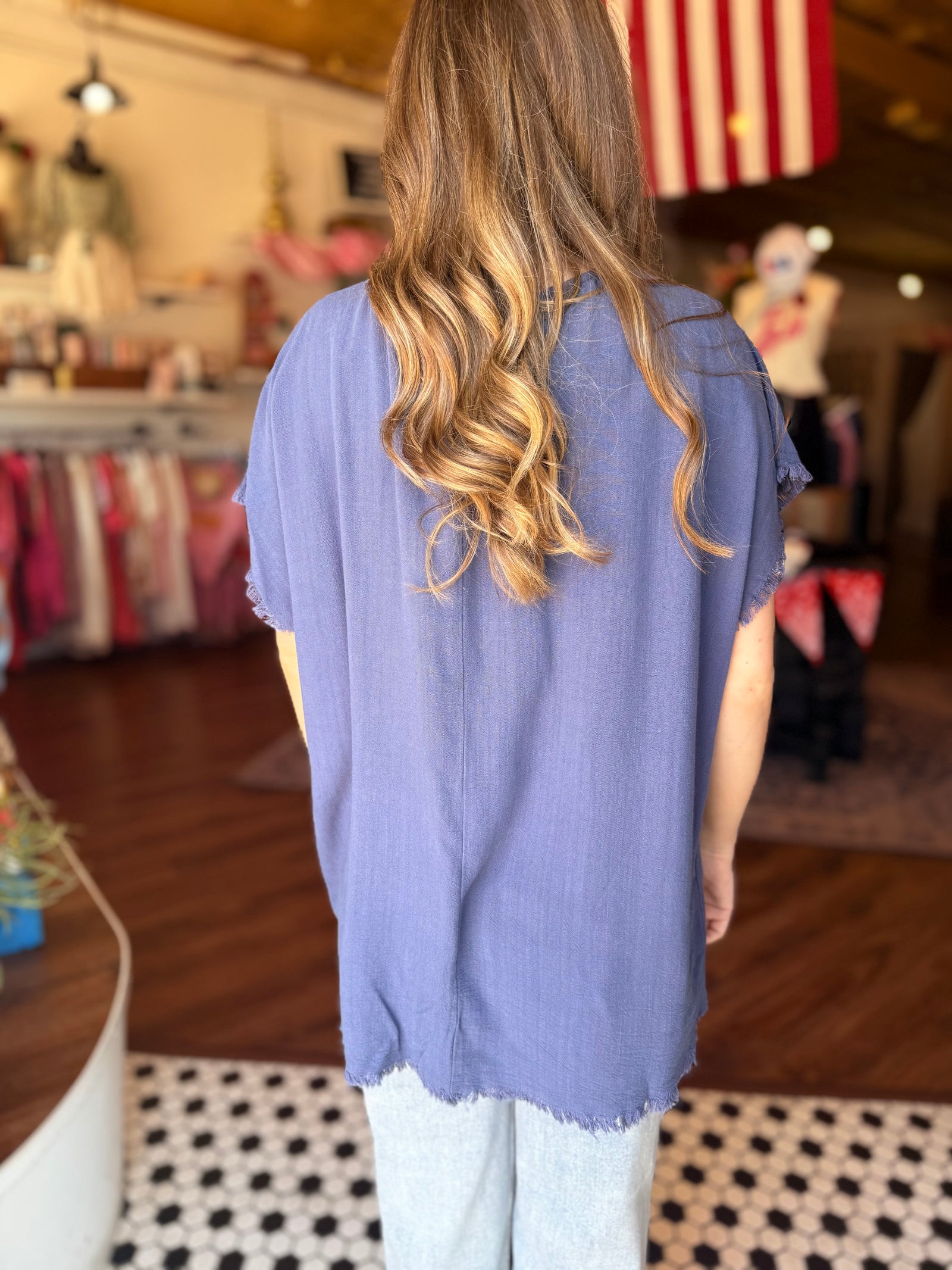 Umgee Blue Linen Top w/ Frayed Hem + Embroidery