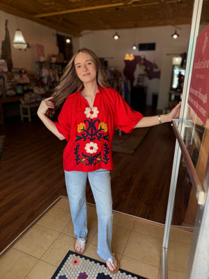 Umgee Tomato Red Embroidered Top
