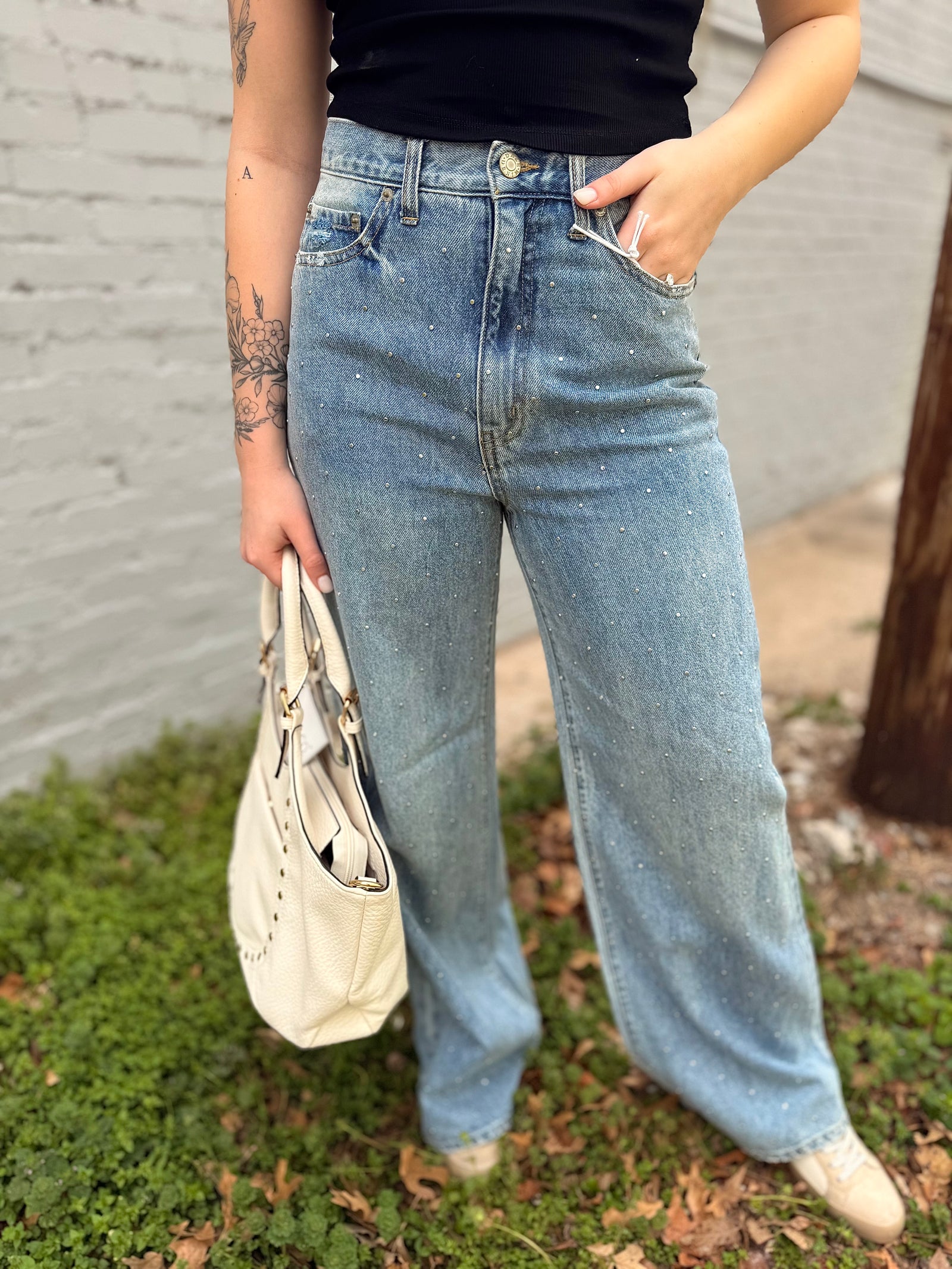 Daze Far Out High Rise Wide Leg Studded Jeans