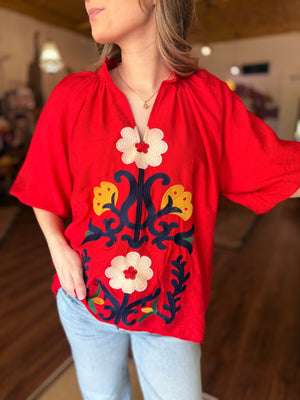 Umgee Tomato Red Embroidered Top